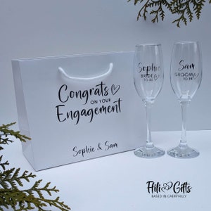 Congrats on your Engagement Gift set - gift bag with Bride and Groom to be champagne glasses