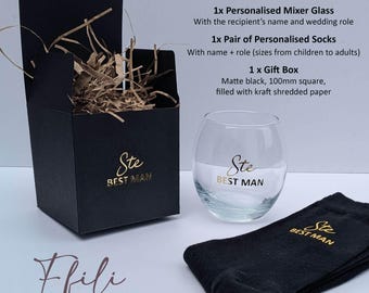 Personalised Wedding Gift Set for Him –Mixer Glass & Socks | Groomsmen Favours - Page Boy, Usher, Best Man, Father of the Bride, Groom Gift