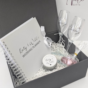 Engagement Gift Box – Personalised Champagne Glasses, Chocolates, Wedding Planner & Scented Candle. Comes with Gift box and/or Gift Bag. image 1