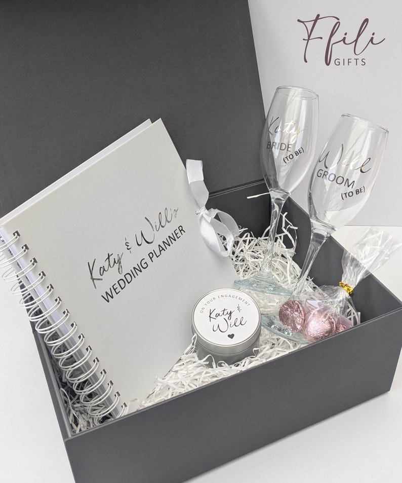 Engagement Gift Box – Personalised Champagne Glasses, Chocolates, Wedding Planner & Scented Candle. Comes with Gift box and/or Gift Bag. image 1