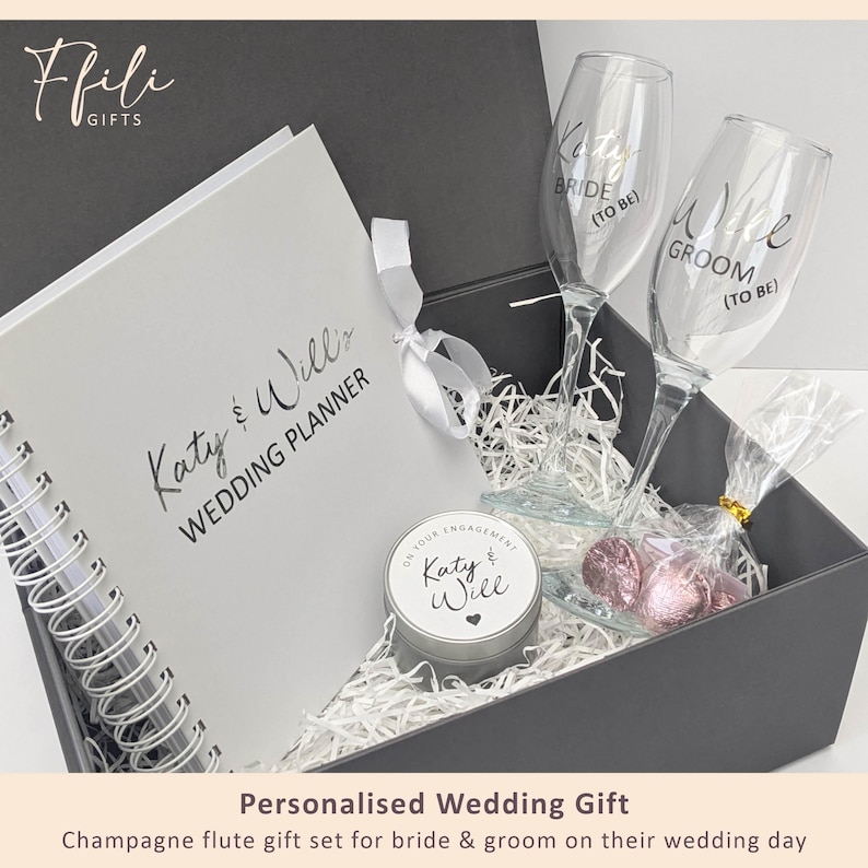 Engagement Gift Box – Personalised Champagne Glasses, Chocolates, Wedding Planner & Scented Candle. Comes with Gift box and/or Gift Bag. image 13