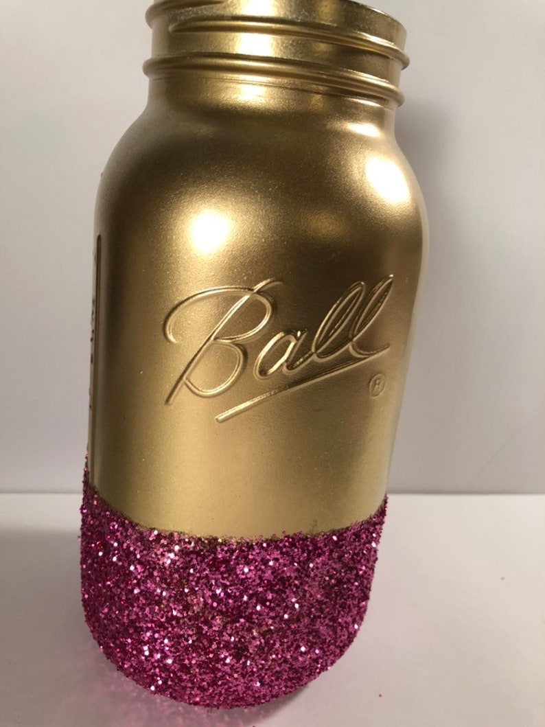 Spray Painted Gold & Pink Glitter Mason Jar Vase Centerpiece Mothers Day il 794xN 31oy