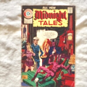 May include: A vintage comic book titled "Midnight Tales" with a colorful cover illustration. The cover features a scene with costumed figures and the text "ALL NEW". The comic is set against a white background.