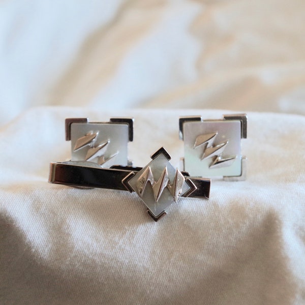 Cufflink and Tie Clasp Set Silver Design on Iridescent Background