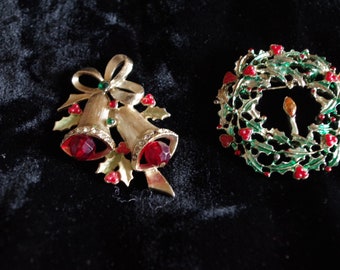 Two Vintage Christmas Themed Brooches