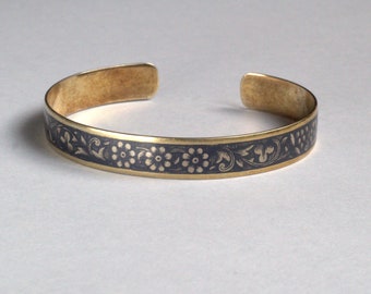 Thin bangle bracelet, Silver floral bangle vintage, Skinny cuff bracelet, Retro bracelet for women