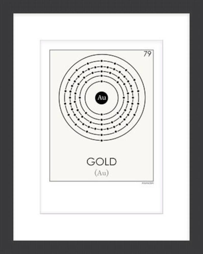 May include: A black and white illustration of the periodic table element for gold, with the atomic number 79 and the symbol Au. The illustration shows the electron configuration of the atom, with the nucleus in the center and the electrons orbiting around it.