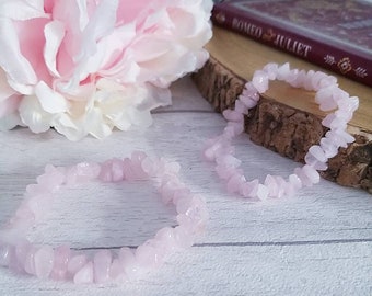 Rose Quartz Crystal Chip Bracelet: Elasticated Gemstone Healing Jewelry