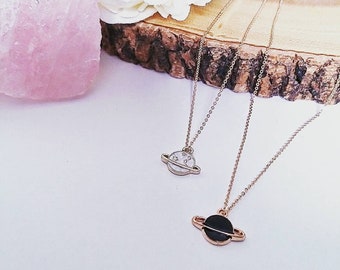 Enamel Saturn Planet Necklace: 18k Gold Plated Space Jewelry