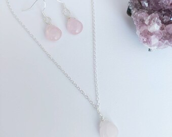 Rose Quartz Teardrop Necklace and Earrings Set - Sterling Silver