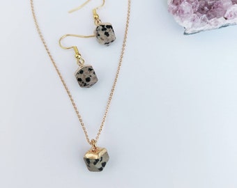 Gold Plated Dalmatian Jasper Necklace and Earrings Set