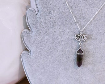 Natural Amethyst Crystal Point Pendant and Lotus Charm Necklace | Natural Gemstone & Lotus Flower Jewellery | Boho Accessories
