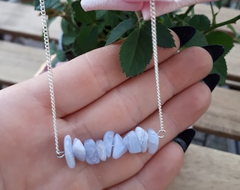Blue Lace Agate Crystal Necklace: Healing Gemstone, Silver Chain