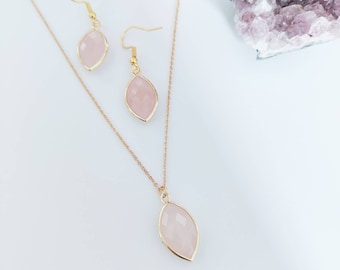 Oval Natural Rose Quartz Necklace & Dangle Earrings Matching Set | Gemstone Jewellery | Gold Crystal Necklace | Healing Crystal Necklace