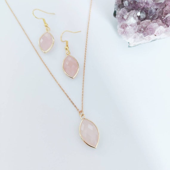 Oval Natural Rose Quartz Necklace & Dangle Earrings Matching Set | Gemstone Jewellery | Gold Crystal Necklace | Healing Crystal Necklace