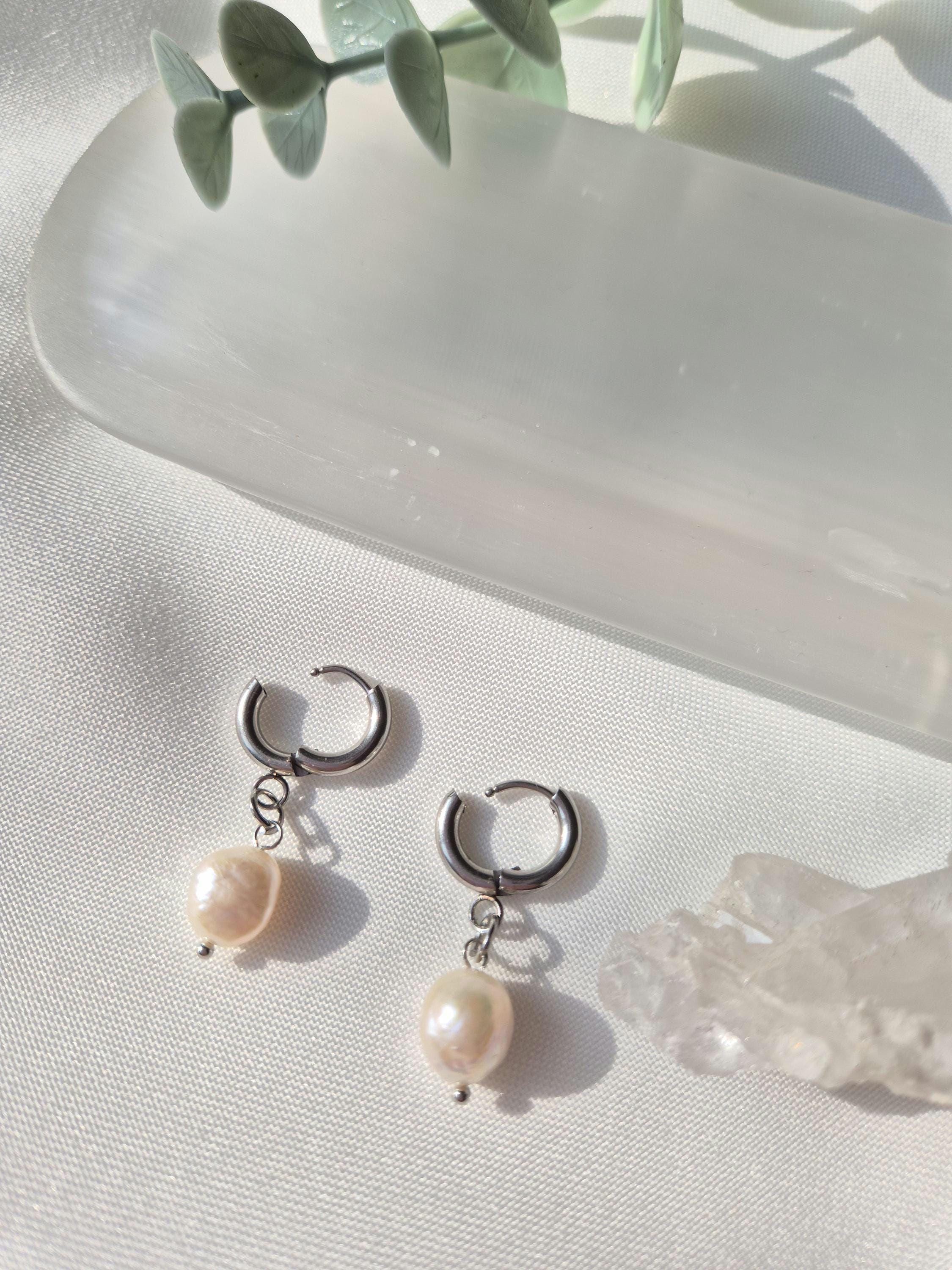 Silver Freshwater Pearl Hoop Earrings: Hypoallergenic Stainless Steel