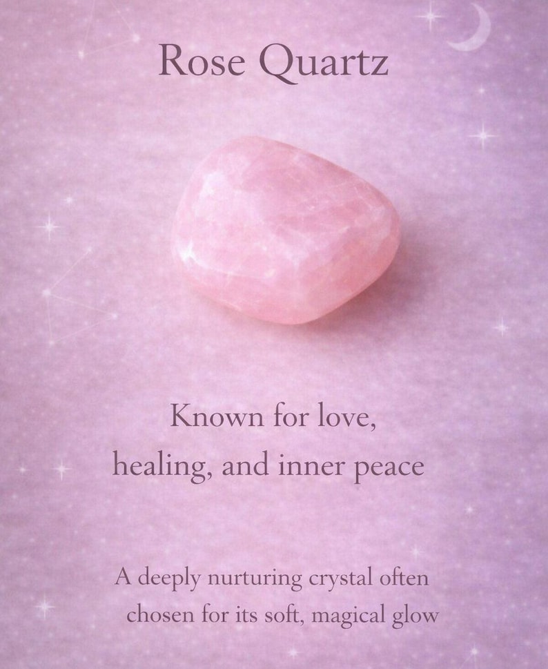 May include: A polished, pink Rose Quartz crystal is featured against a soft, lavender background. The text reads "Rose Quartz" and describes the crystal as being "Known for love, healing, and inner peace."