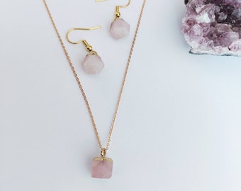 Electroplated Natural Rose Quartz Necklace & Drop Earrings Matching Set |Gemstone Jewellery |Gold Crystal Necklace |Healing Crystal Necklace