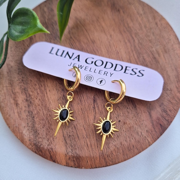 Gold Onyx Star Huggie Earrings, Celestial Witchy Stainless Steel Earrings, Black Star Hoop Fantasy Jewellery