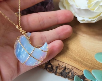 Opalite Moon Pendant, 18k Gold Plated Chain, Opalite Necklace, 18k Gold Plated Wire Wrapped Crystal Pendant, Boho Jewelry, Healing Crystals