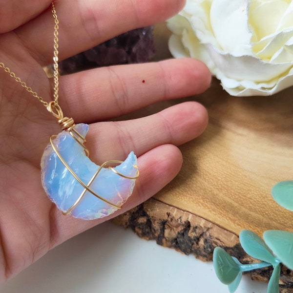 Opalite Moon Pendant, 18k Gold Plated Chain, Opalite Necklace, 18k Gold Plated Wire Wrapped Crystal Pendant, Boho Jewelry, Healing Crystals