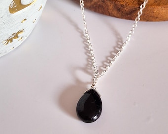 Black Obsidian Teardrop Pendant Necklace: Silver Plated, Wire Wrapped