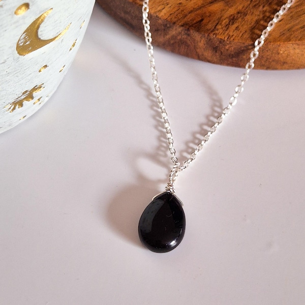 Black Obsidian Teardrop Pendant Necklace: Silver Plated, Wire Wrapped