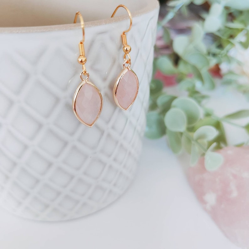 Oval Natural Rose Quartz Necklace & Dangle Earrings Matching Set | Gemstone Jewellery | Gold Crystal Necklace | Healing Crystal Necklace image 3
