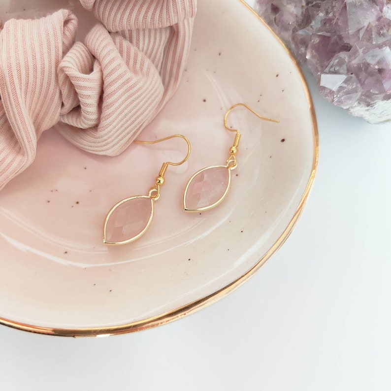 Oval Natural Rose Quartz Necklace & Dangle Earrings Matching Set | Gemstone Jewellery | Gold Crystal Necklace | Healing Crystal Necklace image 2