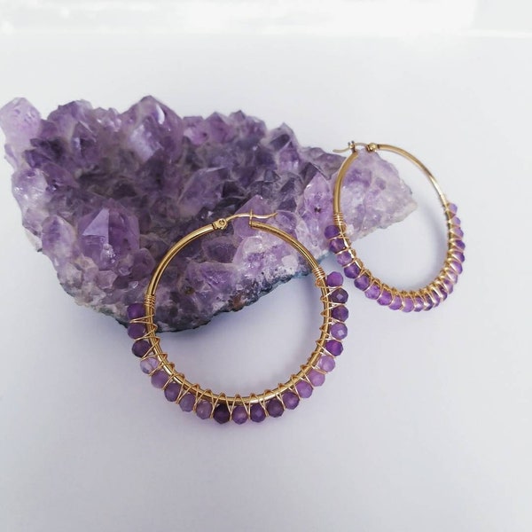 Gold Plated Amethyst Beaded Hoop Earrings: Stainless Steel