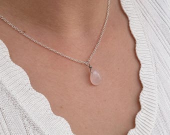 Rose Quartz Teardrop Pendant Necklace, Pink Quartz Pendant, Dainty Silver Rose Quartz Necklace, Crystal Gift for Her