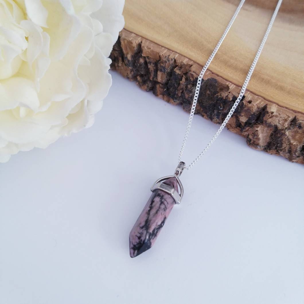 Rhodonite Crystal Point Necklace: Boho Gemstone Pendant