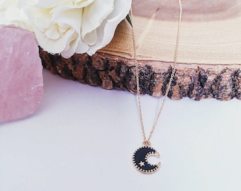 Enamel Moon and Star Necklace: 18k Gold Plated Charm