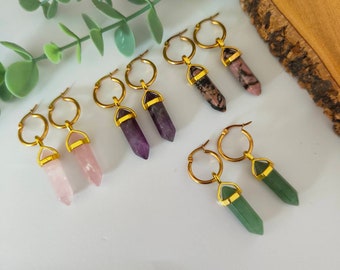 Crystal Point Hoop Earrings - Gold Plated Stainless Steel Gemstone Point with Rose Quartz, Amethyst, Rhodonite or Aventurine