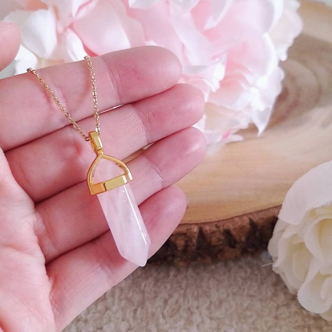 Rose Quartz Crystal Pendant Necklace 18k Gold Plated Healing Etsy