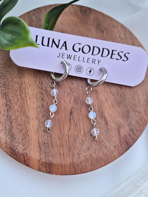 Silver Opalite Beaded Huggies, Witchy Celestial Stainless Steel Hoops, Triple Opalite Bead Drop Earrings
