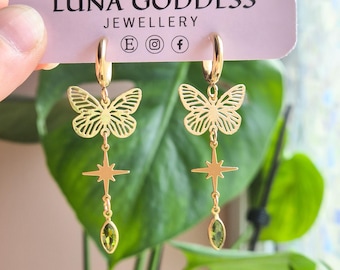 Green Gem Butterfly Earrings: Stainless Steel Celestial Hoops