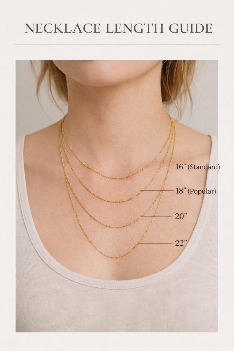 May include: Necklace length guide showing four gold chain necklaces of varying lengths: 16" (Standard), 18" (Popular), 20", and 22". The text "NECKLACE LENGTH GUIDE" is at the top of the image.
