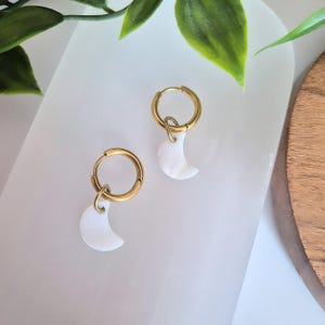 Gold Moon Huggie Earrings: Stainless Steel & Natural Shell, Celestial Jewelry