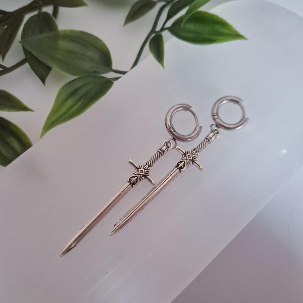 Silver Sword Dangle Earrings: Stainless Steel Huggie Hoops, Fantasy Jewelry