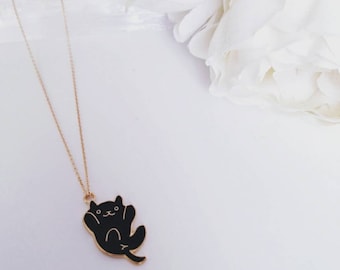 Enamel Cat Pendant Necklace: 18k Gold Plated Chain, Kawaii Black Kitty