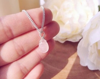 Dainty Rose Quartz Teardrop Pendant Necklace | Silver Chain | Crystal Drop Healing Jewelry | Delicate Pink Rose Quartz Gemstone Jewellery