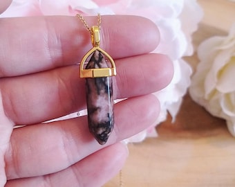 Rhodonite Crystal Point Necklace: 18k Gold Plated Healing Gemstone