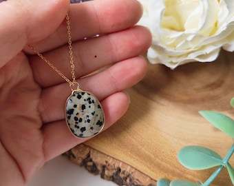 Dalmatian Jasper Necklace: Oval Gemstone, 18k Gold Plated Chain
