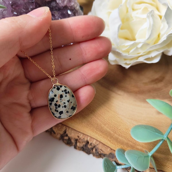 Natural Dalmatian Jasper Oval Necklace on an 18k Gold Plated Chain | Gemstone Jewellery | Gold Crystal Necklace | Healing Crystal Necklace
