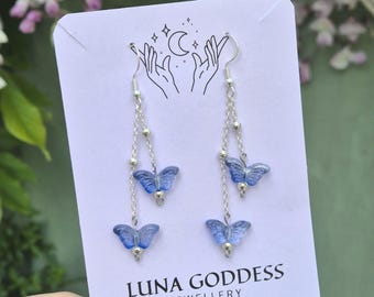 Blue Butterfly Dangle Earrings: Sterling Silver Fairycore Jewelry