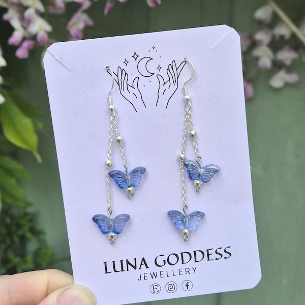 Blue Butterfly Dangle Earrings: Sterling Silver Fairycore Jewelry