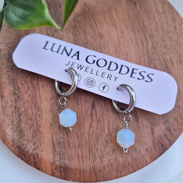 Silver Opalite Huggie Earrings, Witchy Minimal Hoop Earrings, Celestial Stainless Steel Jewellery