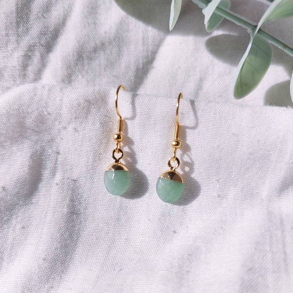 Electroplated Aventurine Droplet Earrings | 18k Gold Plated Stainless Steel | Dainty Gold Earrings | Gemstone Jewellery | Healing Crystals