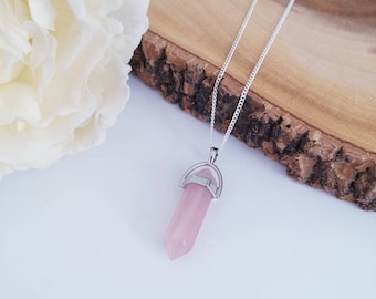 Rose Quartz Crystal Pendant Necklace: Silver Plated Boho Jewellery